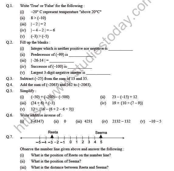 class 6 maths integers worksheet with answers